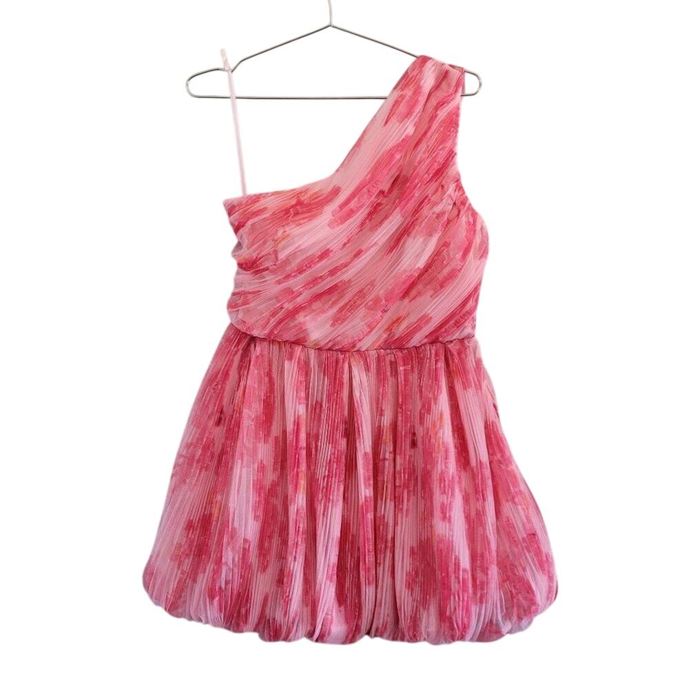 Hutch One Shoulder Mini Pleated Tulle Bubble Dress With Pockets XS Pink Swirl